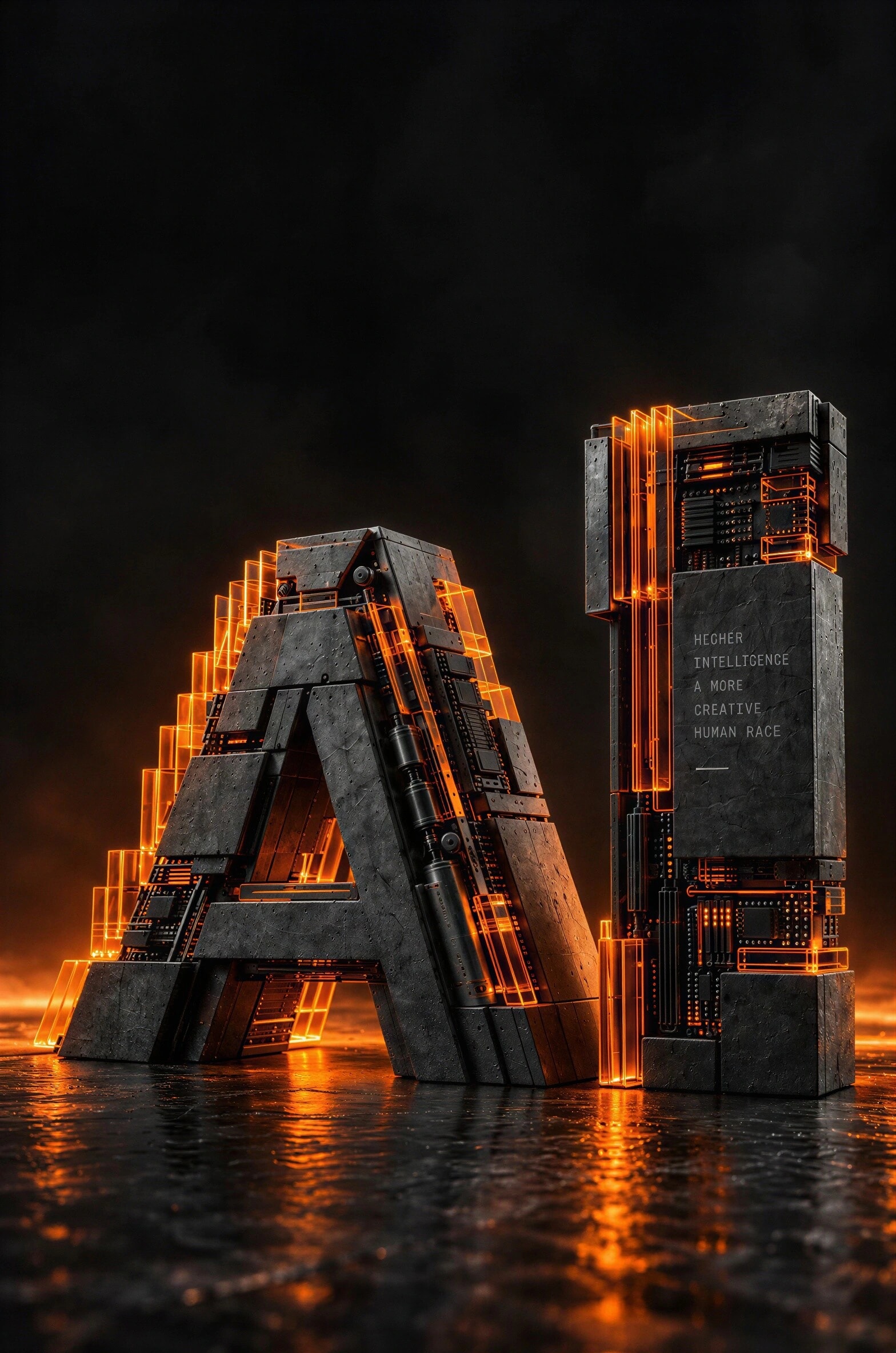 Monumental AI letters in weathered graphite, exposed circuitry and luminous amber glass, reflected on a dark floor